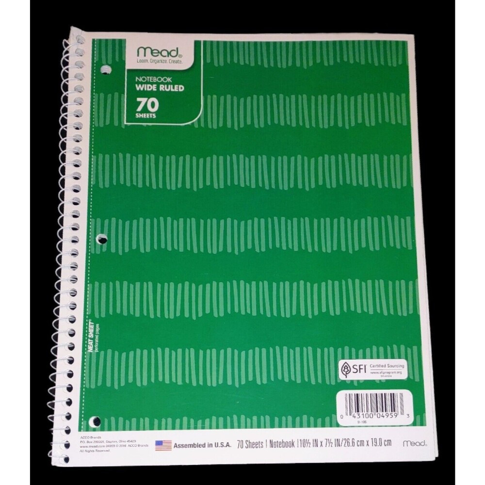Mead Spiral Notebook, Wide Ruled, 70pgs, 10.5" x 8" - Green Stripes
